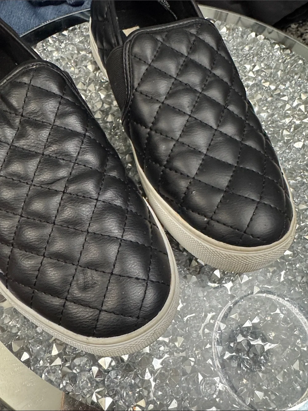 Steve Madden Black Quilted Slip-On Sneakers with White Sole 8.5